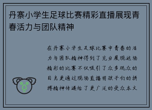 丹寨小学生足球比赛精彩直播展现青春活力与团队精神